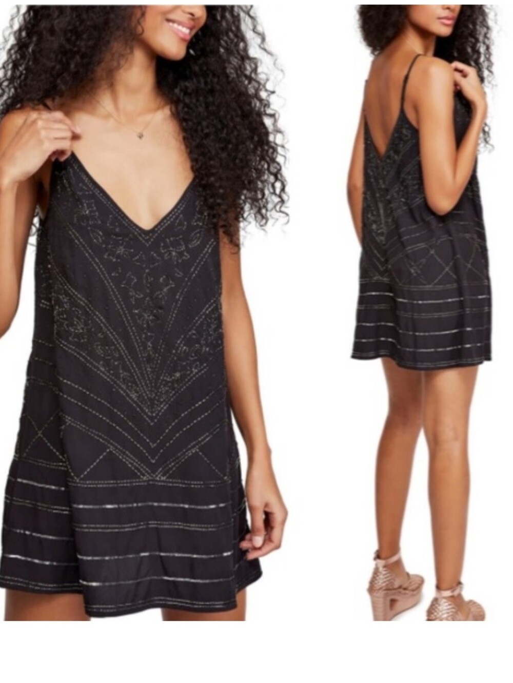 Free People Black Beaded V-Neck Slip Dress
